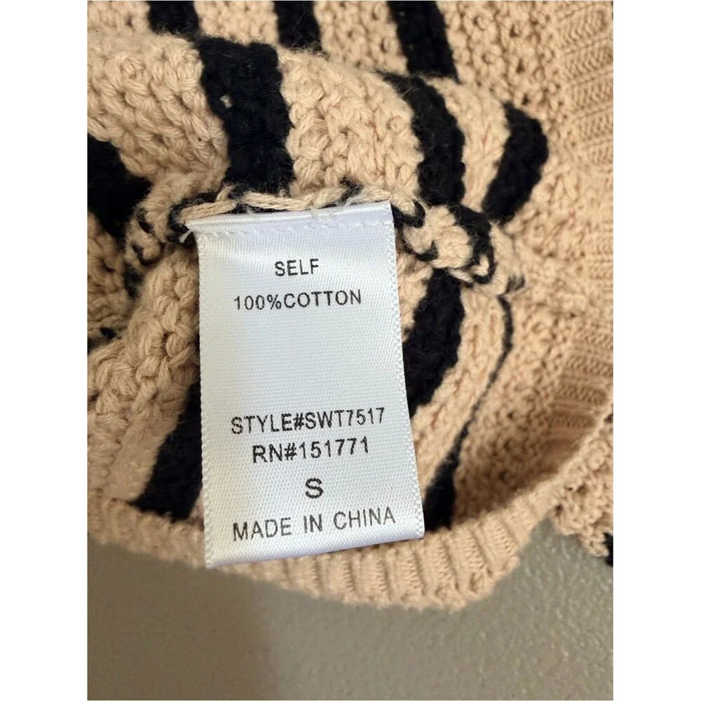 Kaileigh Striped Crochet Sweater Size Small Black Tan 100% Cotton Boxy Fit